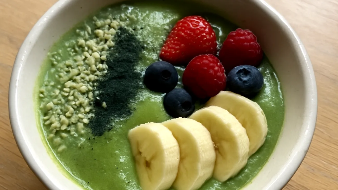 Smoothie bowl con semi di canapa, spirulina e frutta di stagione"