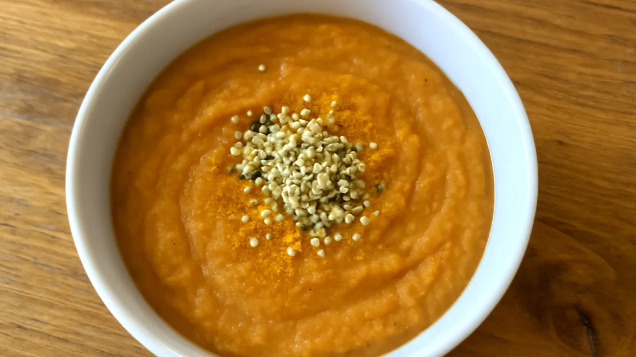 Vellutata di lenticchie rosse con semi di canapa e curcuma"