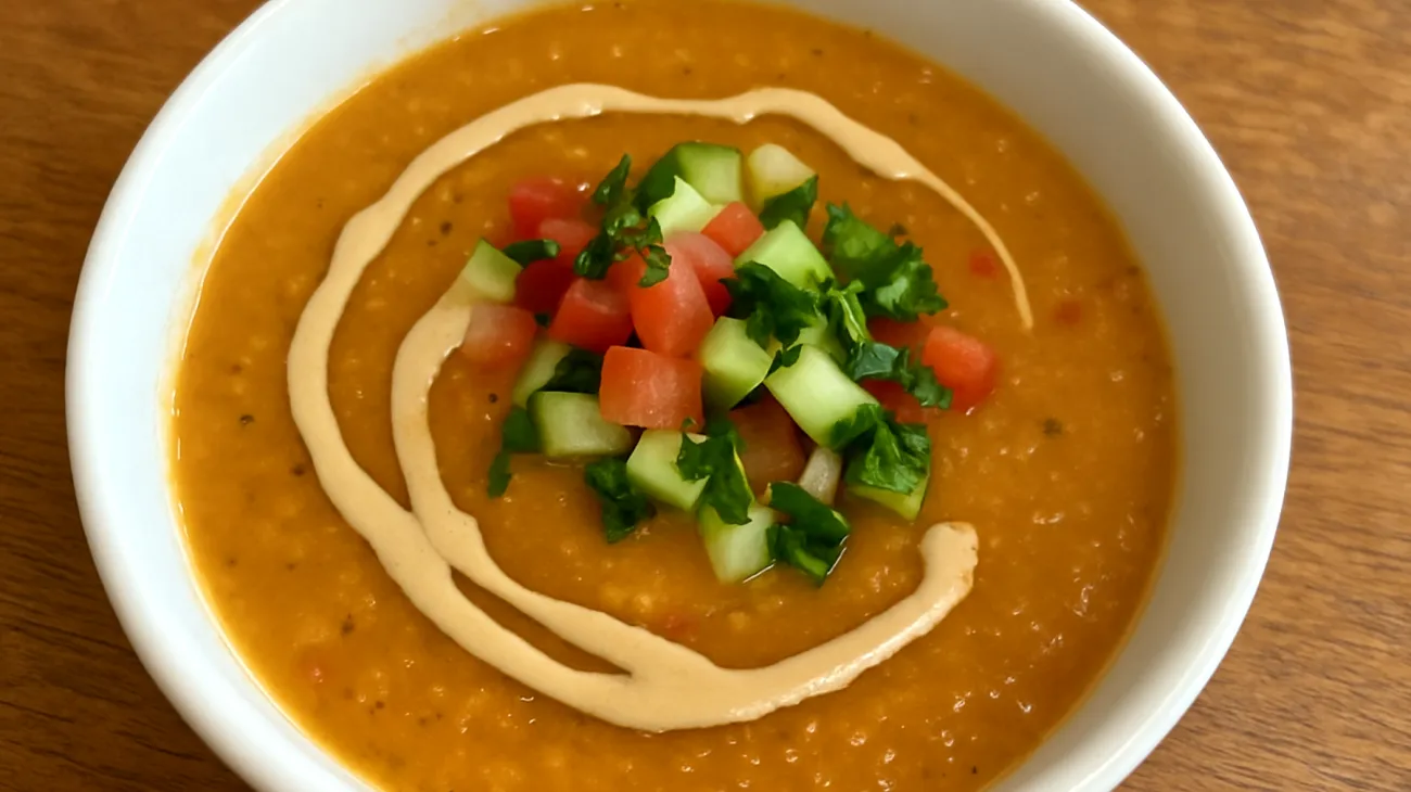 Zuppa di lenticchie rosse con tahina e verdure croccanti"