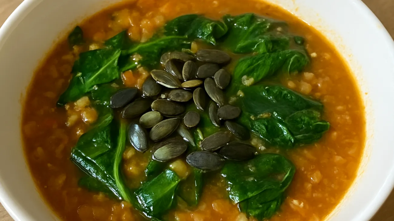 Zuppa di lenticchie rosse decorticate con verdure a foglia verde e semi di zucca"