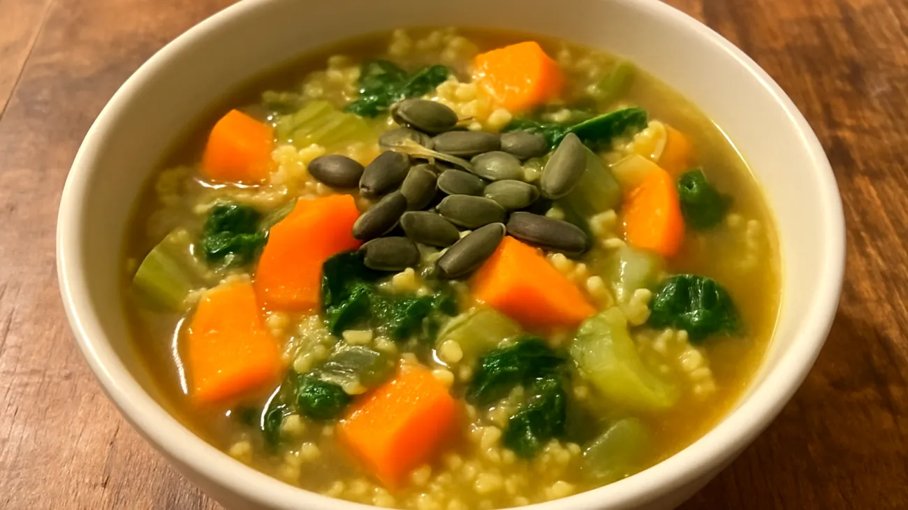 Zuppa di miglio con verdure di stagione e semi di zucca"