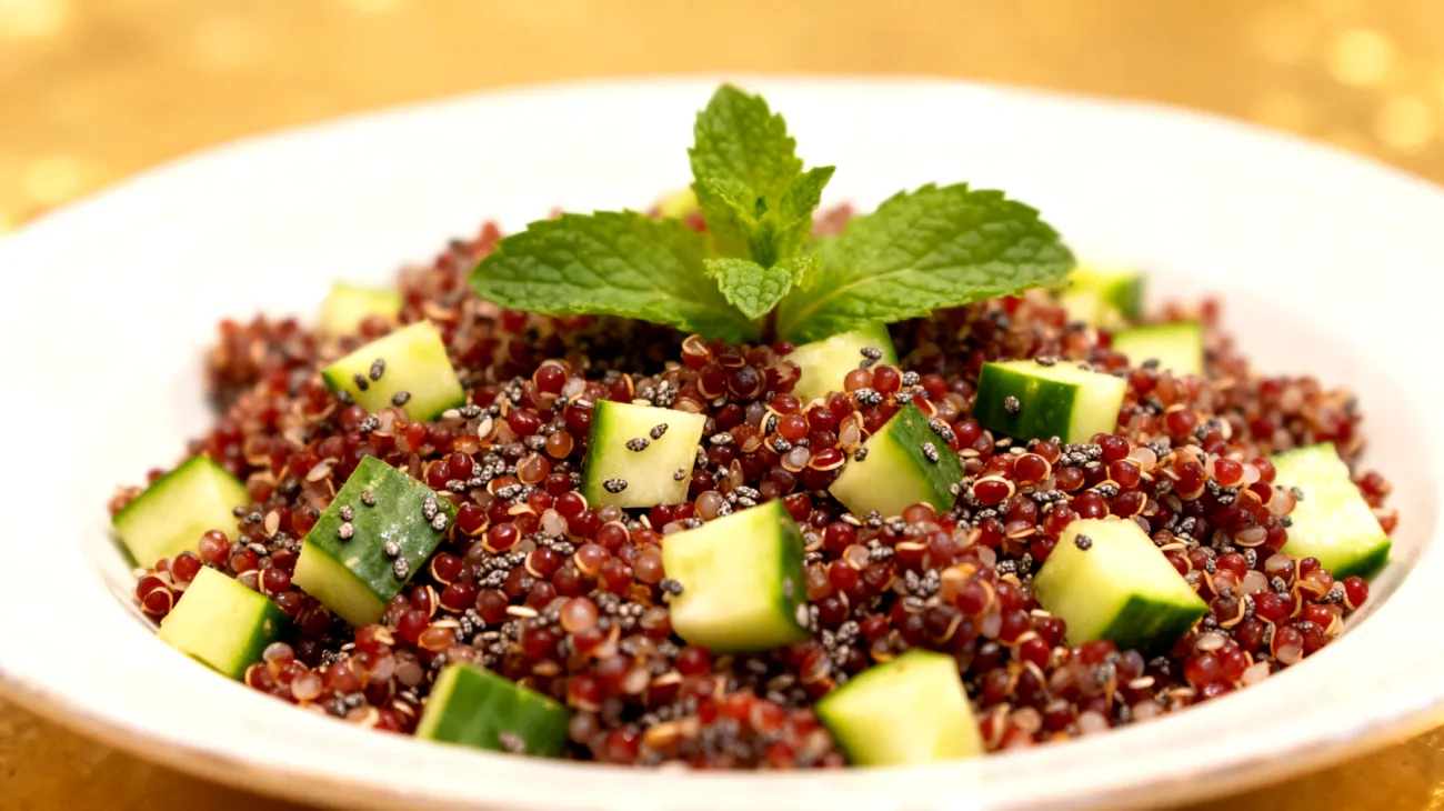 Insalata di quinoa rossa con semi di chia, cetrioli e menta"